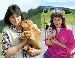 deux portraits de Catherine Thomas, à droite datant de 2007, tenant une chiot cocker spaniel anglaise rouge dans les bras, à gauche datant de 2019, tenant une chiot springer spaniel anglaise foie et blanche